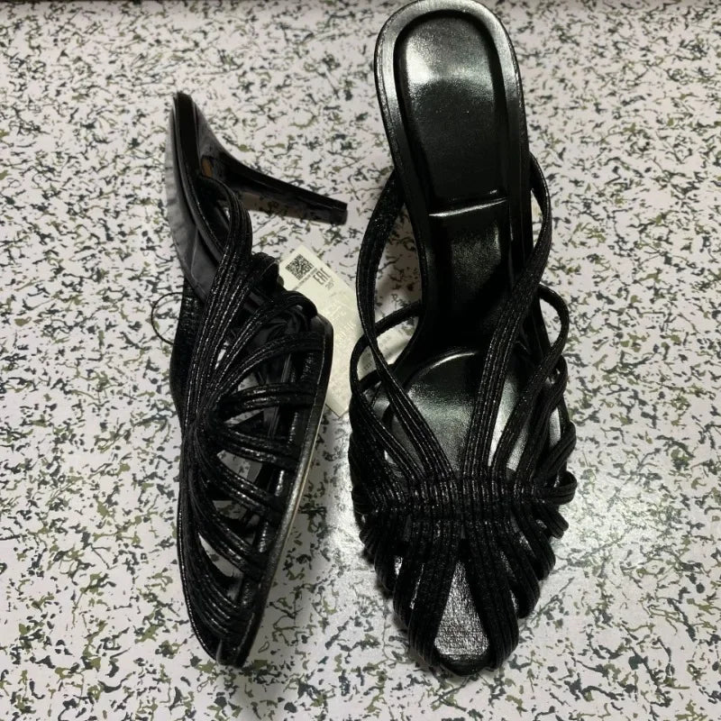 LIZAKOSHT  -  Summer High Heeled Women Modern Sandals Retro Soft Leather Mules Brand Design Black Leisure Hollow Out Lady Party Shoes