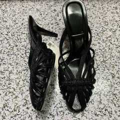 LIZAKOSHT  -  Summer High Heeled Women Modern Sandals Retro Soft Leather Mules Brand Design Black Leisure Hollow Out Lady Party Shoes