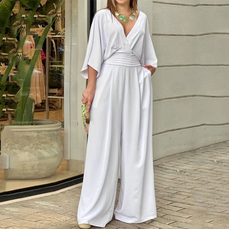 LIZAKOSHT  -  Elegant Deep V Neck Fashion Women Jumpsuit Bat Sleeves High Waist Wide-leg Loose Commuting Party Club Romper 2025
