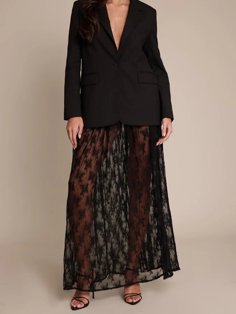 LIZAKOSHT  -  Womens Sexy Sheer Lace Skirt High Waisted Floral Embroidered See Through Ruffled A Line Long Maxi Long Beach Coverup Skirts