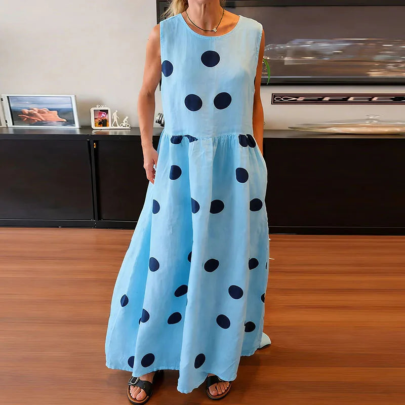 LIZAKOSHT  -  Leisure Crew Collar Sleeveless Polka Dot Printed Dress Summer Fashion Loose Pleated Maxi Dress Elegant High Waist Vacation Dress