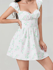 LIZAKOSHT  -  Women Short Mini Dress Short Sleeve Low-cut Backless Flower Print A-line Dress Summer Female High Waist Vestidos