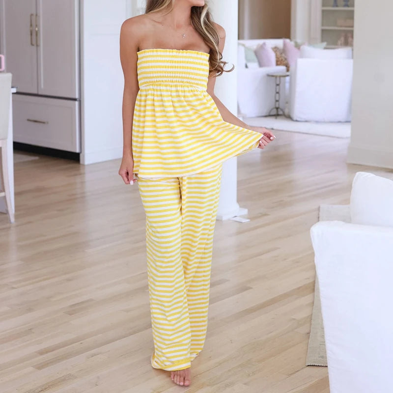 LIZAKOSHT  -  Womens Striped Two Piece Sets Summer Lounge Outfits Babydoll Tube Top and Pants Matching Set Beach Vacation Travel Clothes