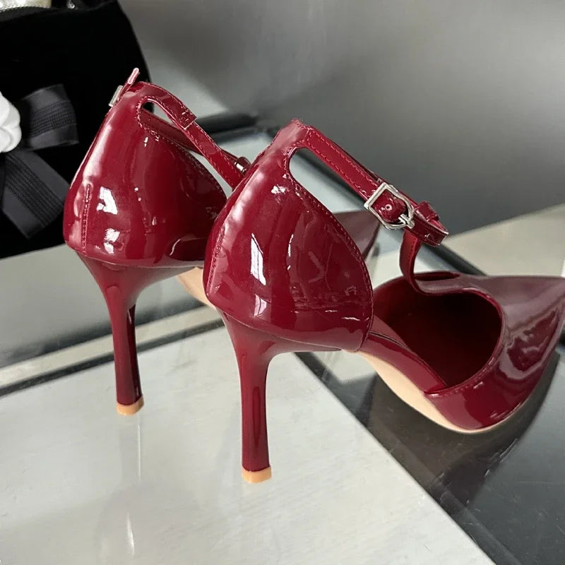 LIZAKOSHT  -  Sexy Red High Heels Women Pointed Toe Party Dress Shoes T-Strap Patent Leather Elegant Slingback Thin Heels Female Sandals Women