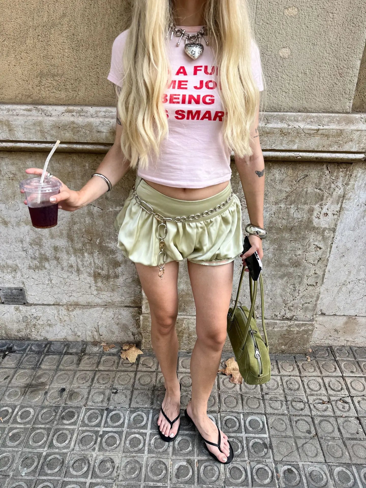 LIZAKOSHT  -  Lady Chic Satin Bubble Shorts Women Light Green Chain Trim High-waist Casual Street Vacation Bottoms Summer Outing Pants