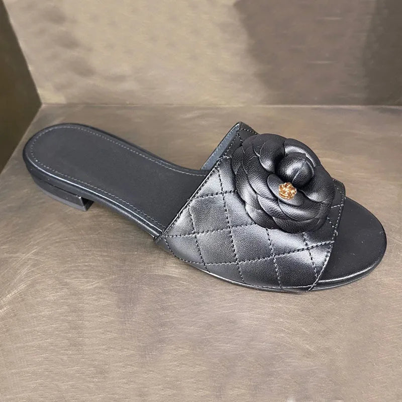 LIZAKOSHT  -  new designer camellia flower slippers women plaid leather slides shoes floral buckle leather flip flops woman flat sandales