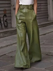 LIZAKOSHT  -  New Autumn Winter Faux PU Pants Women Fashion Casual Solid Color Pleated Pockets High Waisted Wide Leg Trousers