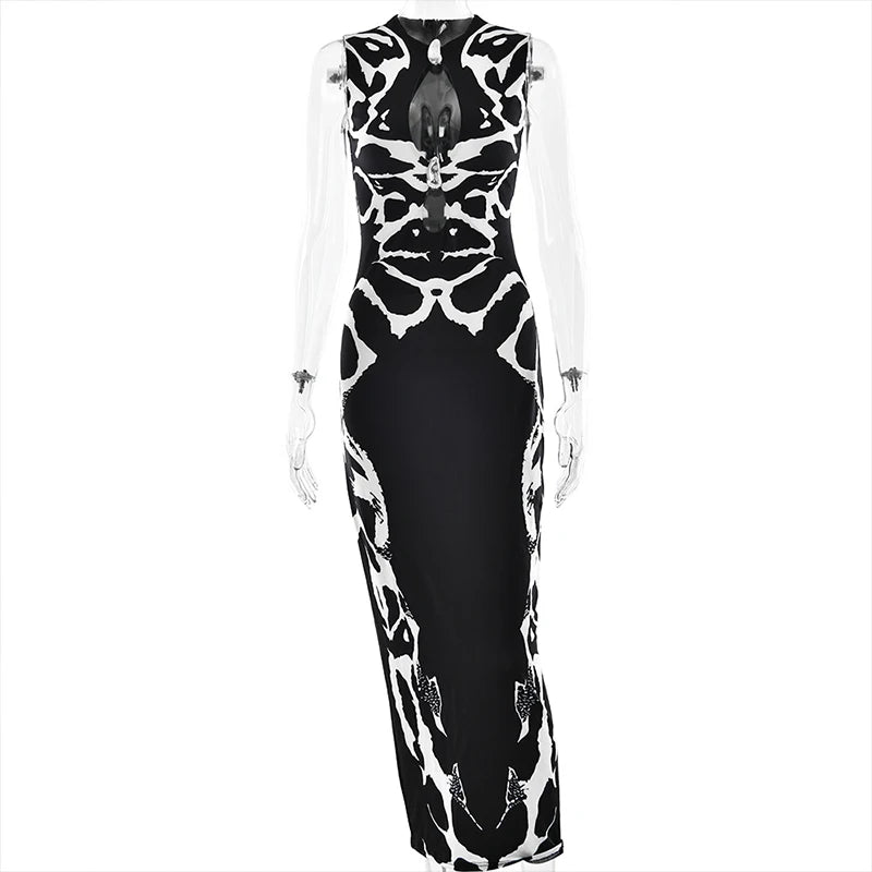 LIZAKOSHT  -  Summer Aesthetic Snake Printing Long Dress Sleeveless Hollow Out Slimming Fit Women Midnight Club Fashion Vestidos