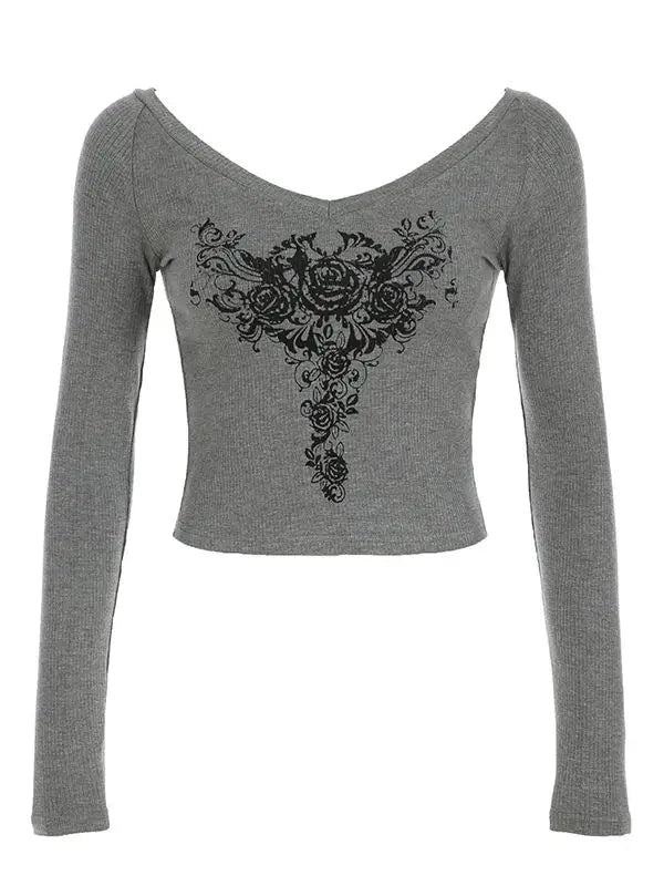 LIZAKOSHT  -  Gothic Graphic Prints Knit T-shirts Aesthetic Gray V- Neck Long Sleeve Tees Vintage Top Y2k Women's Clothes Autumn 2024