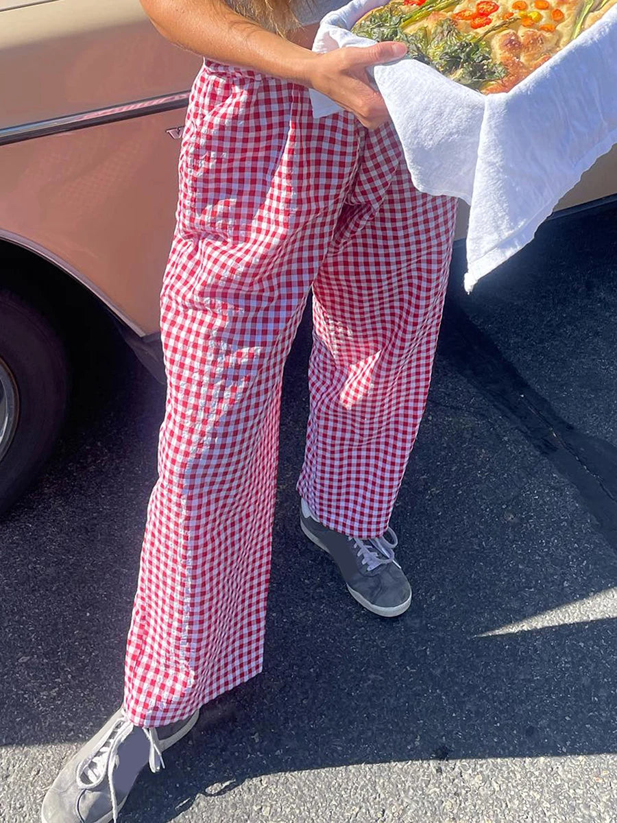 LIZAKOSHT  -  Y2K Vintage Women Girls Striped Plaid Pants Wide Leg Gingham Lounge Pants High Waist Striped Print Pajama Trousers Pants