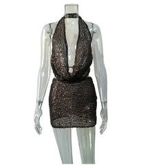LIZAKOSHT  -  Women Sequin Skirt Set Halter Tank Top Neck Crop Tops Mini Skirts Two Piece Party Outfit Beach Vacation Wear Summer Clothes