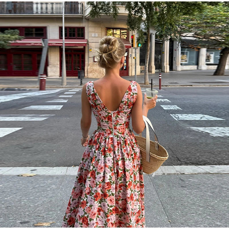 LIZAKOSHT  -  Fashion Print Tube Midi Dress For Women Deep V-neck Sleeveless Draped Lace Up Robes 2025 Summer Elegant Female Parties Dresses
