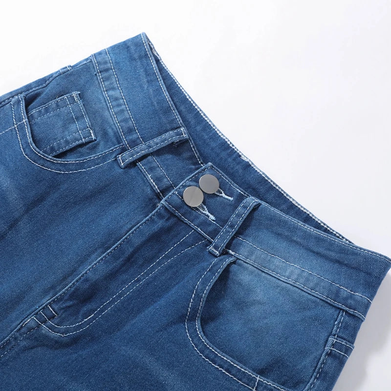 LIZAKOSHT  -  Y2k Retro Gothic High Waited Jeans Hot Embroidery Pattern Blue Jeans Woman Hip Micro Horn Baggy Jeans Street Clothing