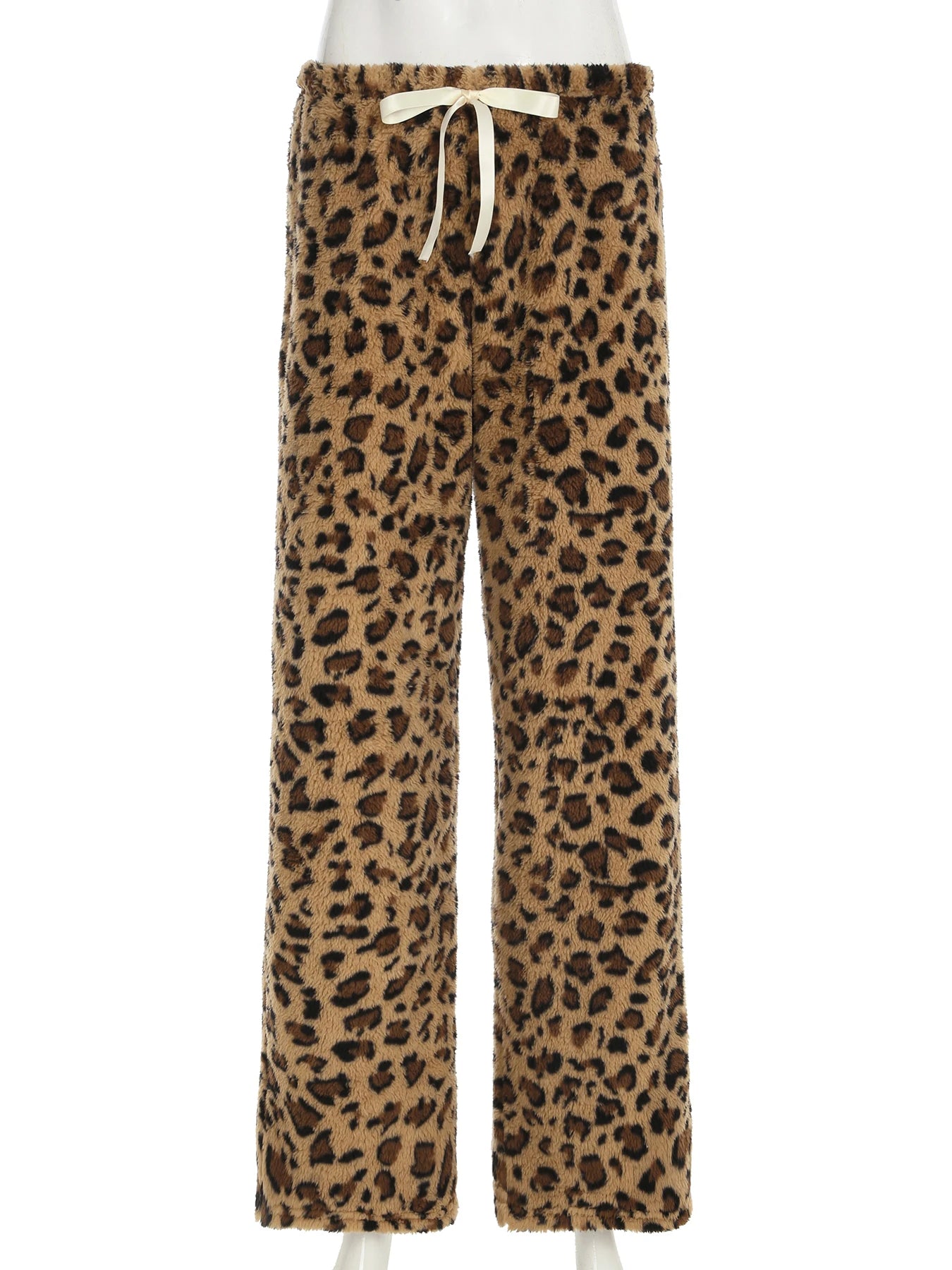 LIZAKOSHT  -  Casual Leopard Printed Wide Leg Pants Loose Furry Mid-Waisted Straight Pants Women Autumn Winter Fashion Streetwear
