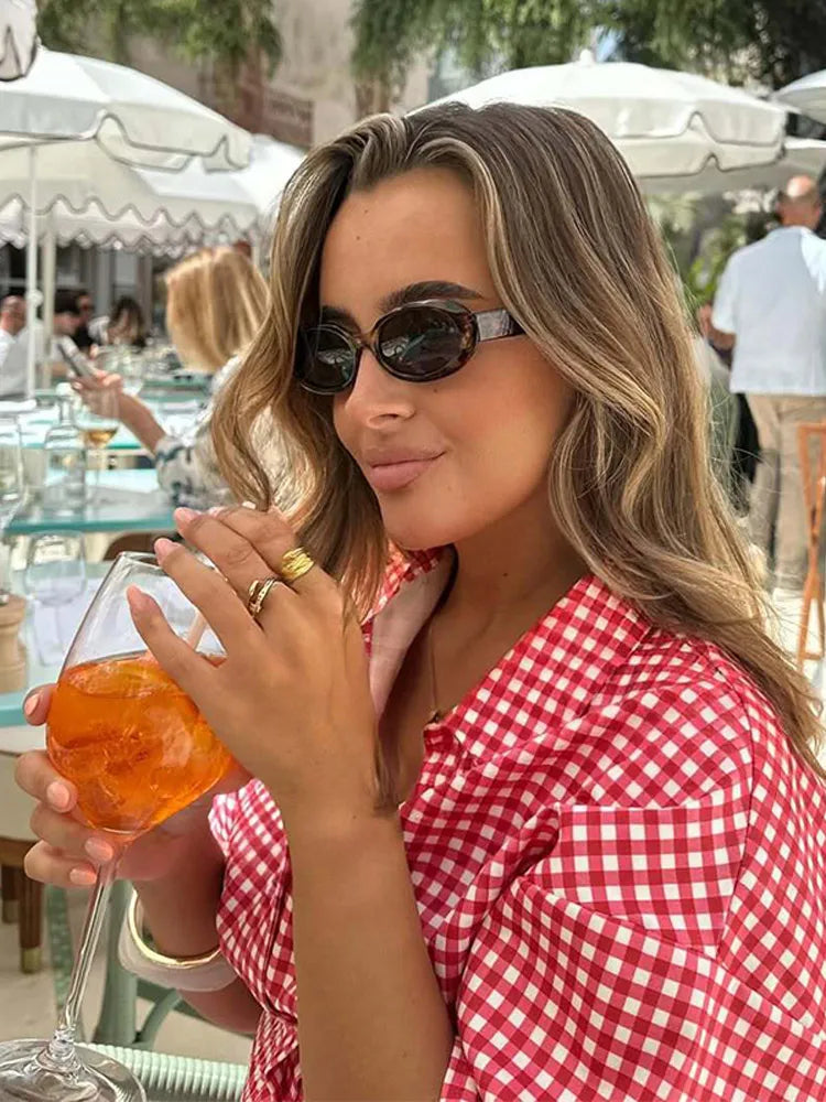 LIZAKOSHT  -  Women Two-Piece Set Of Plaid Short Sleeve Shirt Top Shorts Lapel Pleated Waist Cinched Shirts Blouse Checkered Beach Shorts Suit