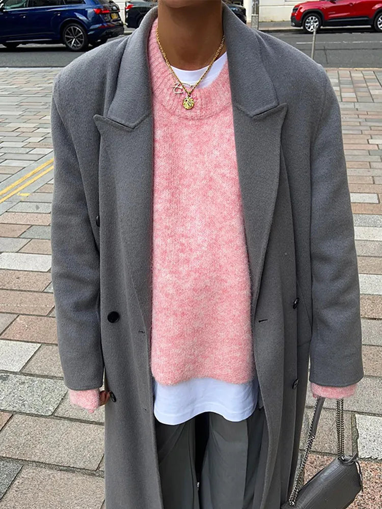 LIZAKOSHT  -  Casual Oversize Pink Women's Cashmere Base Sweater Fashion Long Sleeve Solid Round Collar Pullover New Lady High Streetwear