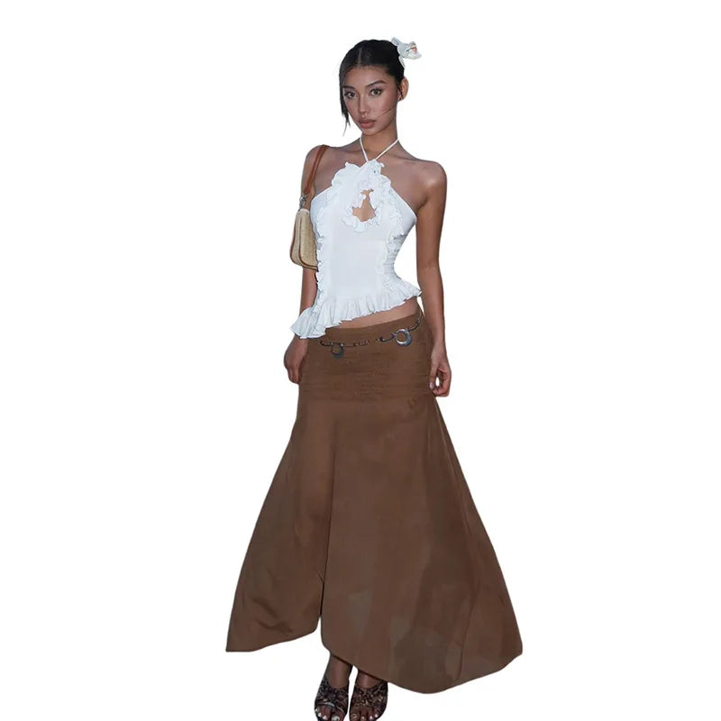 LIZAKOSHT  -  Fashion Elegant 2-Piece Set Women Cross Halter Hollow Ruffles Irregular Hem Vests+Folds Mesh Long Skirt Vacation Matching Suits