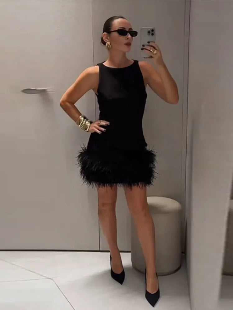 LIZAKOSHT  -  Sleeveless Feather Short Dress Black Women Socialite Party Evening Gown Round Neck Slim Fit Plush Ladies Fashion Slimming Dress