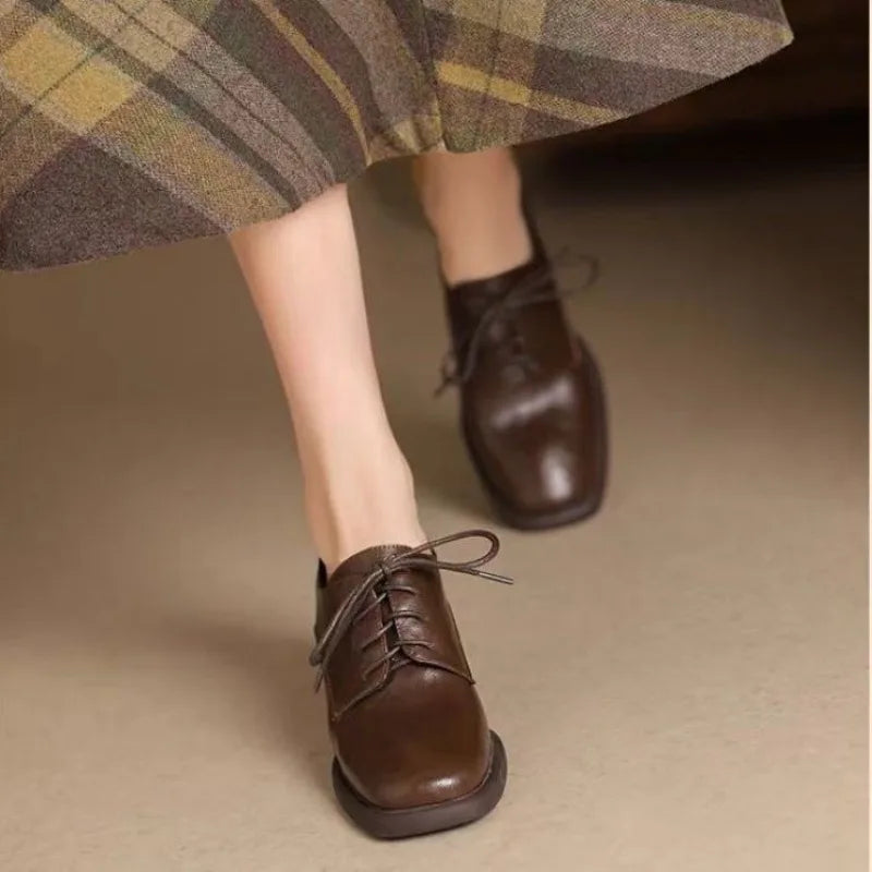 LIZAKOSHT  -  Women Square Toe Oxford Shoes Chunky Block High Heels Lace Up Leather Pumps Retro British Style Office Ladies Dress Shoes