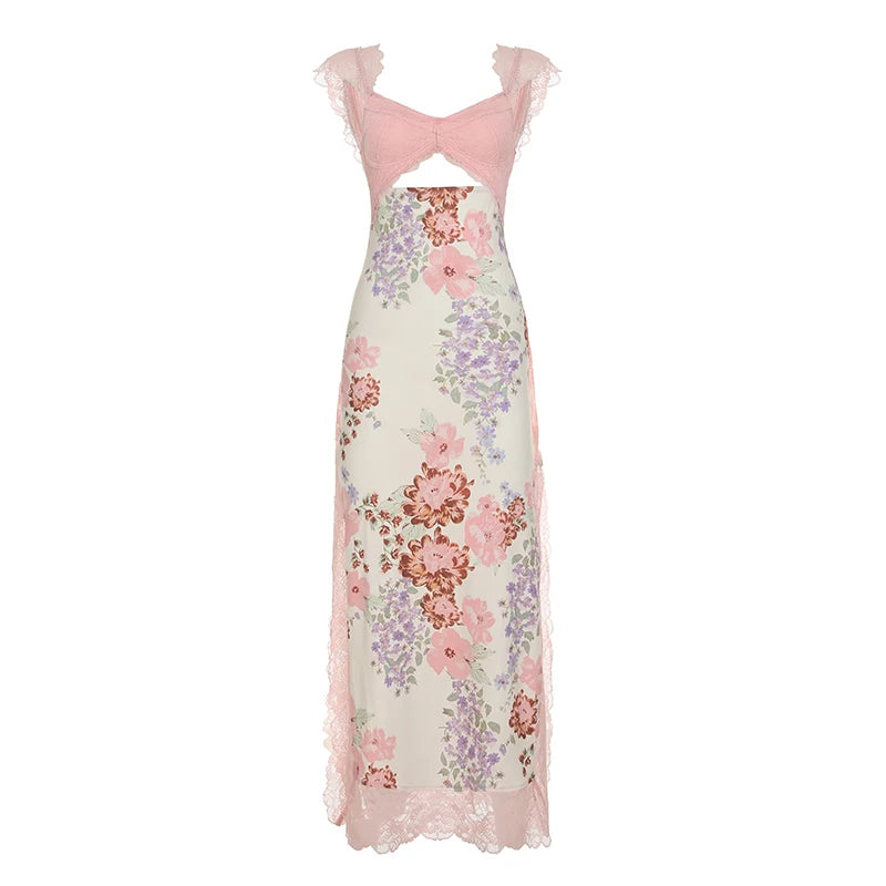 LIZAKOSHT  -  Floral Print Lace Patchwork Dresses Sexy Hollow Out Slits Party Dress Summer Chic Harajuku Vacation Long Outfits
