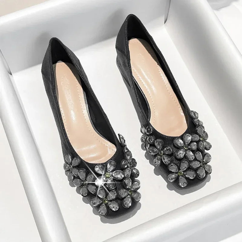 LIZAKOSHT  -  Crystal Flower Designer Women Shoes Chunky Elegant Dress Shoes Shallow Comfort Fashion Diamond Pumps Women Zapatos De Mujer