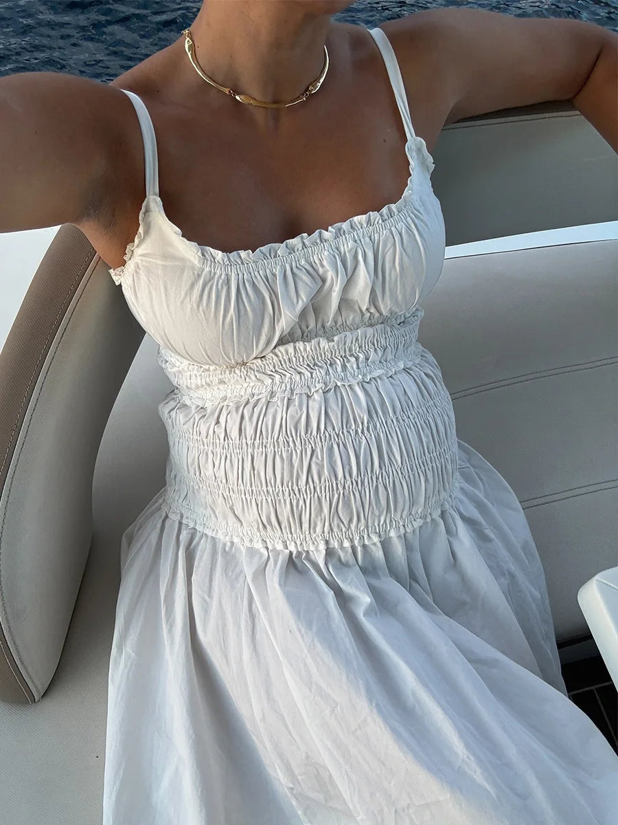 LIZAKOSHT  -  New 2026 Summer White Ruched Long Dresses Women's Spaghetti Strap Cotton Slim Fitted Waist Dress