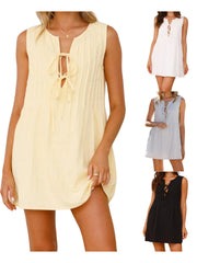 LIZAKOSHT  -  Women s Casual Sleeveless V-Neck Mini Dress with Front Tie Detail and Pleated Skirt for Summer Beach Party