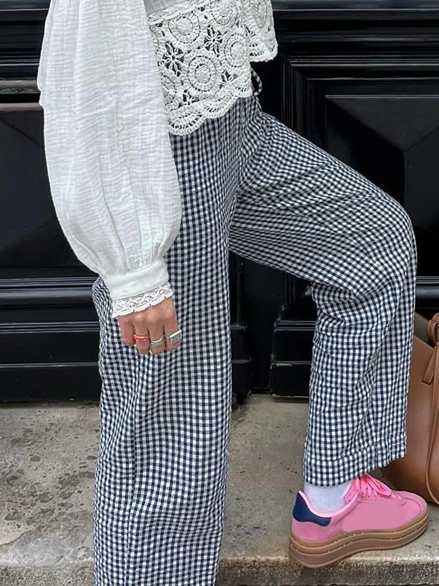 LIZAKOSHT  -  Y2K Vintage Women Girls Striped Plaid Pants Wide Leg Gingham Lounge Pants High Waist Striped Print Pajama Trousers Pants