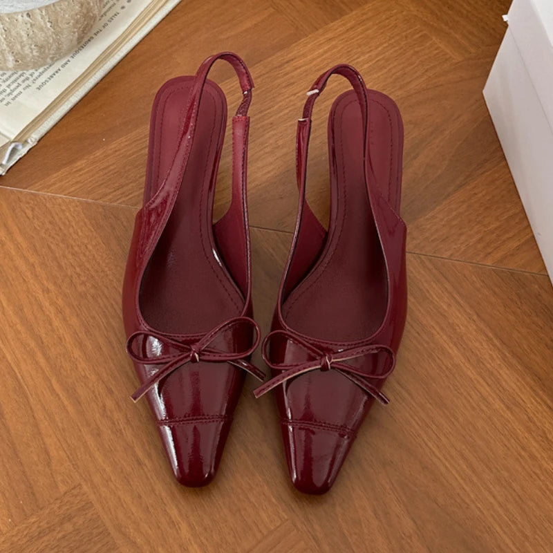 LIZAKOSHT  -  Sexy Red Sandals for Women Patent Leather Pointed Toe Slingbacks Shoes Shallow Comfort Fashion Low Heel Dress Bow Pumps Women