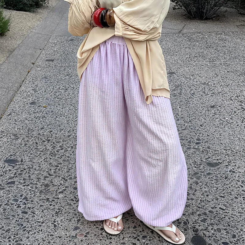 LIZAKOSHT  -  Elegant Ladies Simple Solid Color Trousers Summer New Puff Loose Women's Commute Pants Casual High Waist Pleated Wide Leg Pants