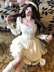 LIZAKOSHT  -  French Sweet Lace Spliced Princess Dress Autumn Long Sleeve Square Collar Beading Vestidos Elegant Retro Evening Party Clothing