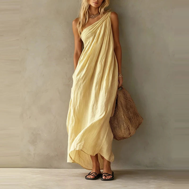LIZAKOSHT  -  Cotton Linen Casual Pocket Solid Long Dress Elegant Draped Hight Waist Women Dress Sleeveless Slanted Shoulder Loose Party Dress