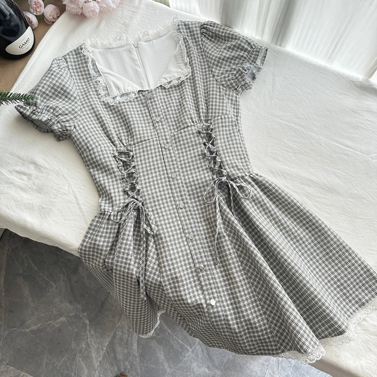 LIZAKOSHT  -  French Retro Plaid Shirt Dress Women Summer Waist Slim Fit Dress with Lace Doll Collar Puff Sleeves Ruffle Hem Vintage Sweet New