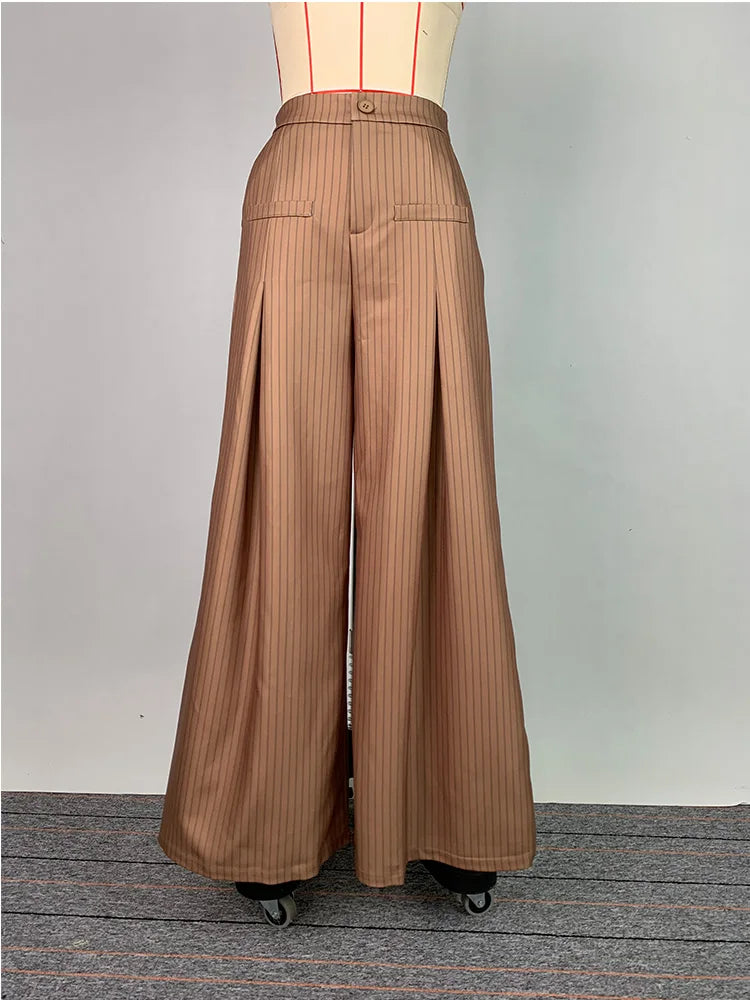 LIZAKOSHT  -  Striped Pants Short Blazer Outerwear 2025 New Brown V-Neck Loose Buttoned Split-Joint Wide Leg Trousers Female Clothin