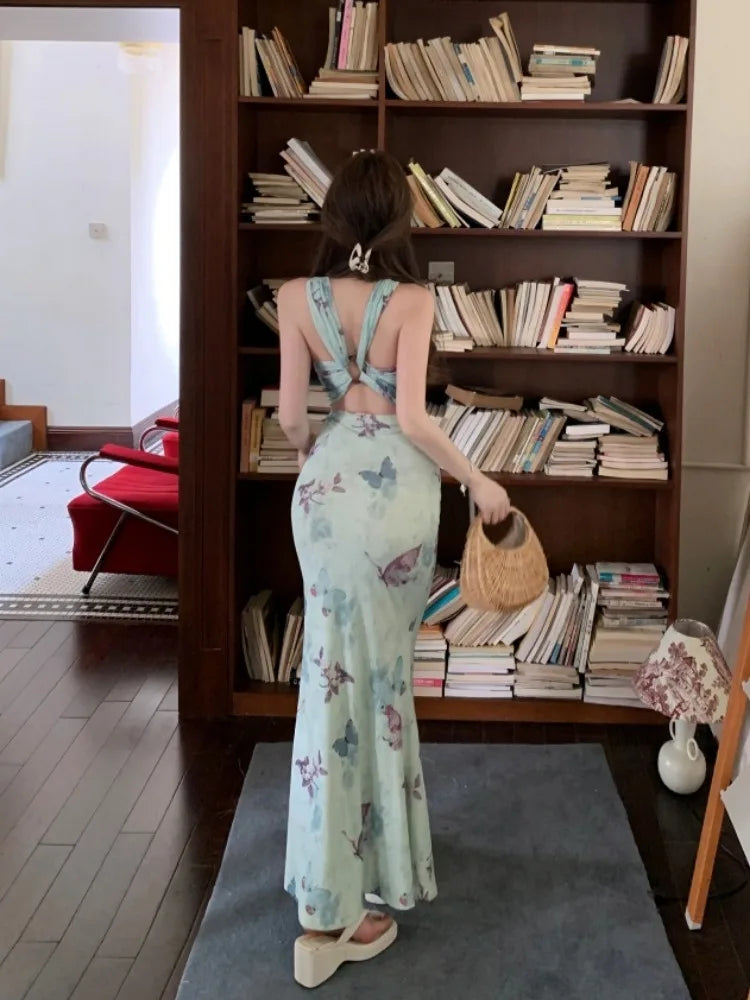 LIZAKOSHT  -  Butterfly print backless camisole dress for women's summer temperament buttocks wrapped long slim fit waist fishtail Dress