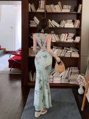 LIZAKOSHT  -  Butterfly print backless camisole dress for women's summer temperament buttocks wrapped long slim fit waist fishtail Dress