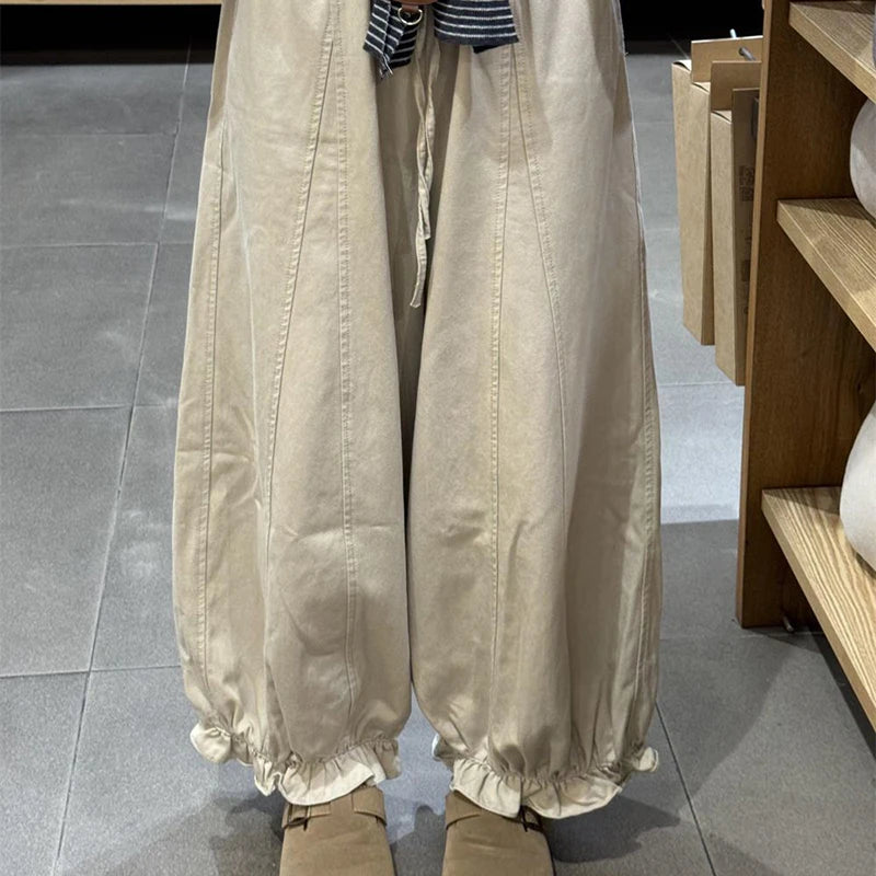 LIZAKOSHT  -  Casual Sweet Bloomers Pants Women High Waist Loose Vintage Ruffle Wide Leg Trouser All Match Lace Up Solid Harajuku Harem Pants
