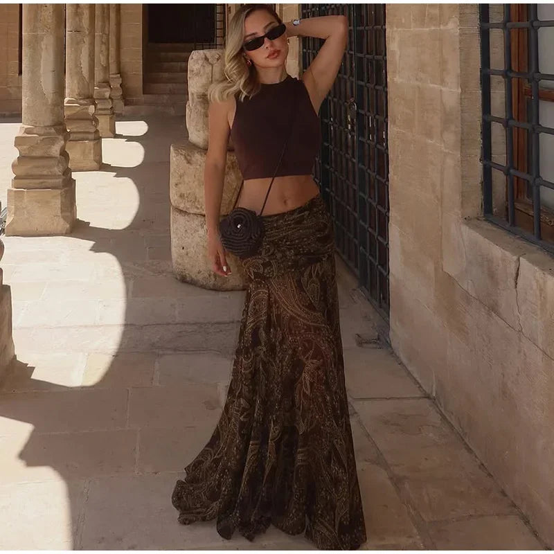 LIZAKOSHT  -  Fashion Print Long Skirt Women High Waist Ankle-length Loose Swing Skirt 2025 Summer Fashion Female Vacation Streewear Outerwear