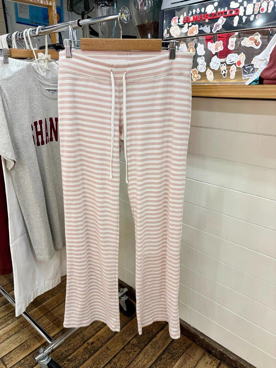 LIZAKOSHT  -  Pink Striped Cute Wide Leg Pants Women Autumn New Low Waist Drawstring Trousers Female Sweet Preppy Style Sport Sweatpants New