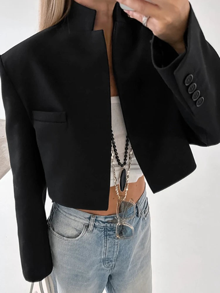 LIZAKOSHT  -  Woman Clothing Solid Black Short Blazers 2025 Autumn Office Lady Long Sleeve Cropped Tops Female Slim Outerwears Coats