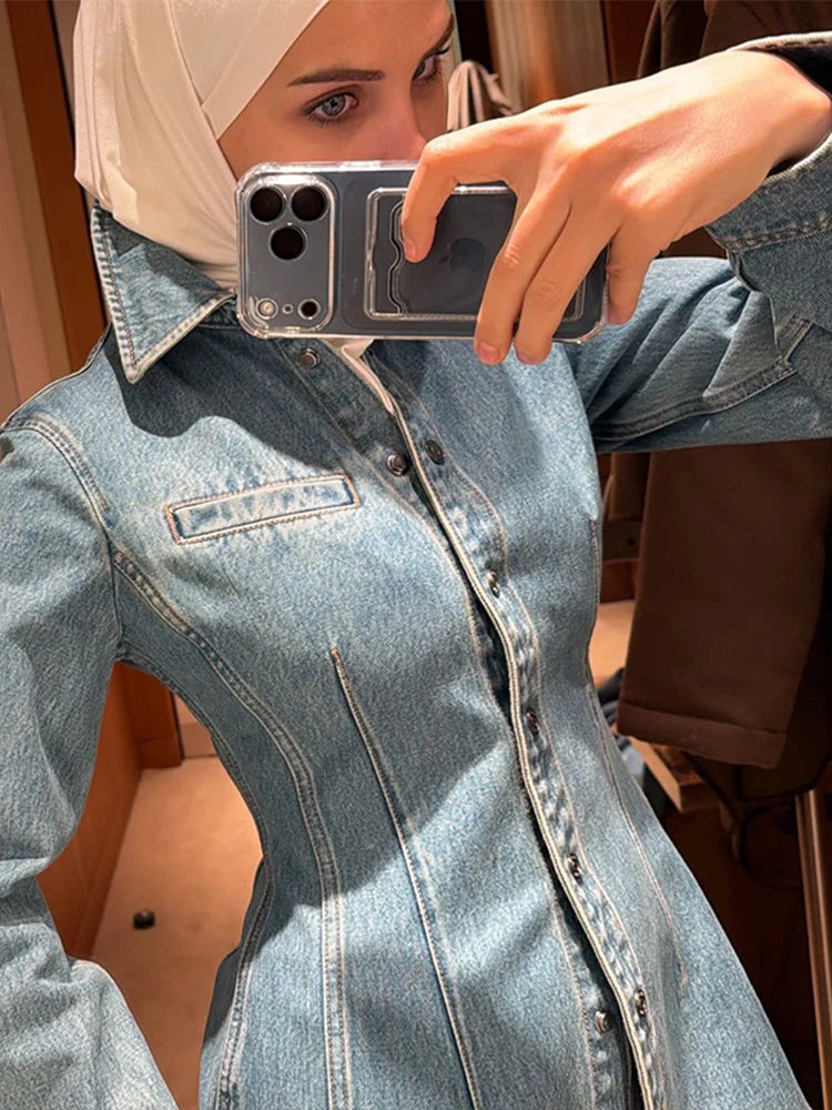 LIZAKOSHT  -  Fashion Blue Women's Denim Jacket Lapel Button Up Fit Waist Cinching Jean Coats Spring Casual Street Lady New Outerwear