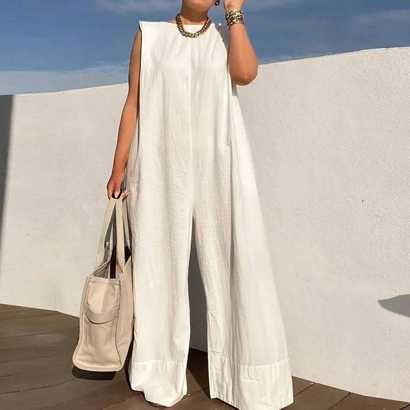 LIZAKOSHT  -  Fashion Sleeveless O Neck Wide Leg Playsuit Elegant Loose Rompers Para Mujer 2025 New Spring Summer Casual Solid Color Jumpsuits