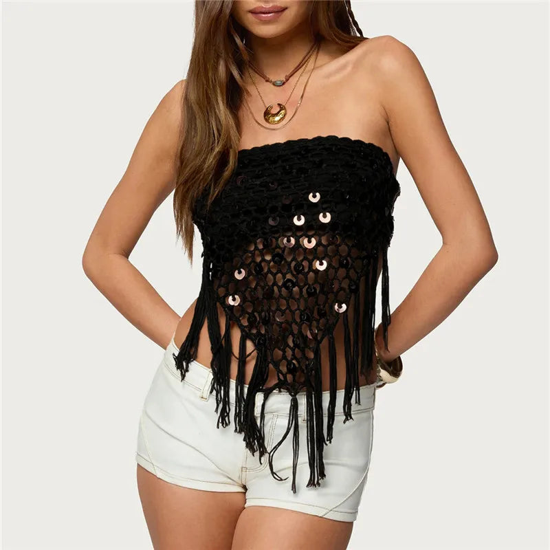 LIZAKOSHT  -  Sexy Strapless Backless Vest Women Knit Crochet Tube Top Sequins Hollow Out Irregular Summer Vacation Party Beachwear