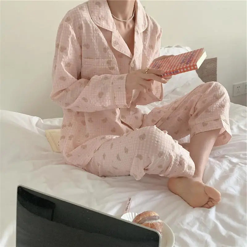 LIZAKOSHT  -  Koera Style Women's Pajama Set 2 Pcs with Pant Ladies Bear Print Sleepwear Long Sleeve Single Breasted Plaid Pyjama Suit Female