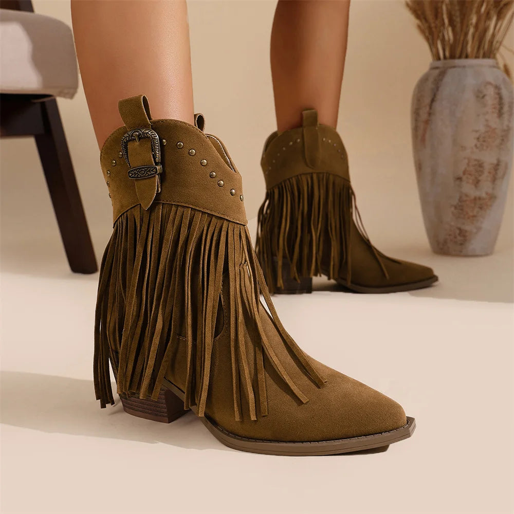 LIZAKOSHT  -  EUR Size 43 Black Square Heels Ankle Boots Women Brown Pointy Toe Fringes Cowboy Boots Gypsy Tassels Western Boots Shoes