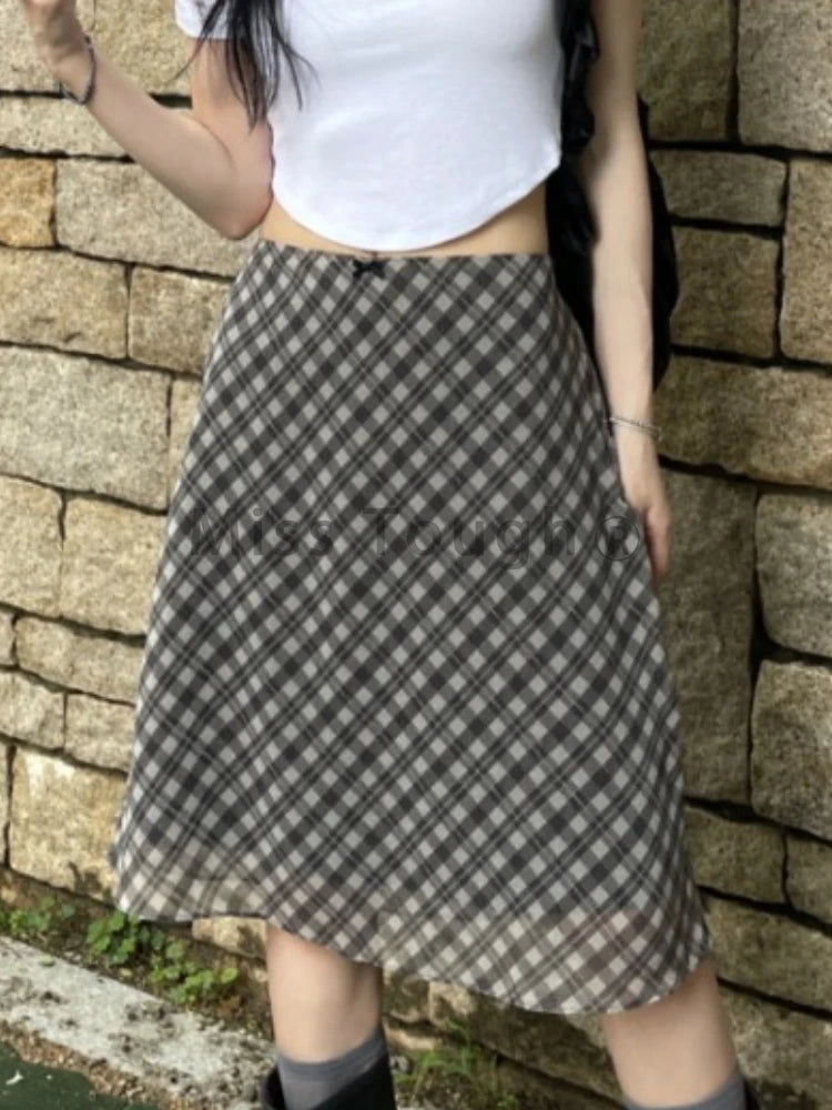 LIZAKOSHT  -  Korea Chic Spring French Retro Skirt Women High Waist Plaid Mid-Length Skirt Female Casual Vintage Designer Y2k Skirt 2024 New