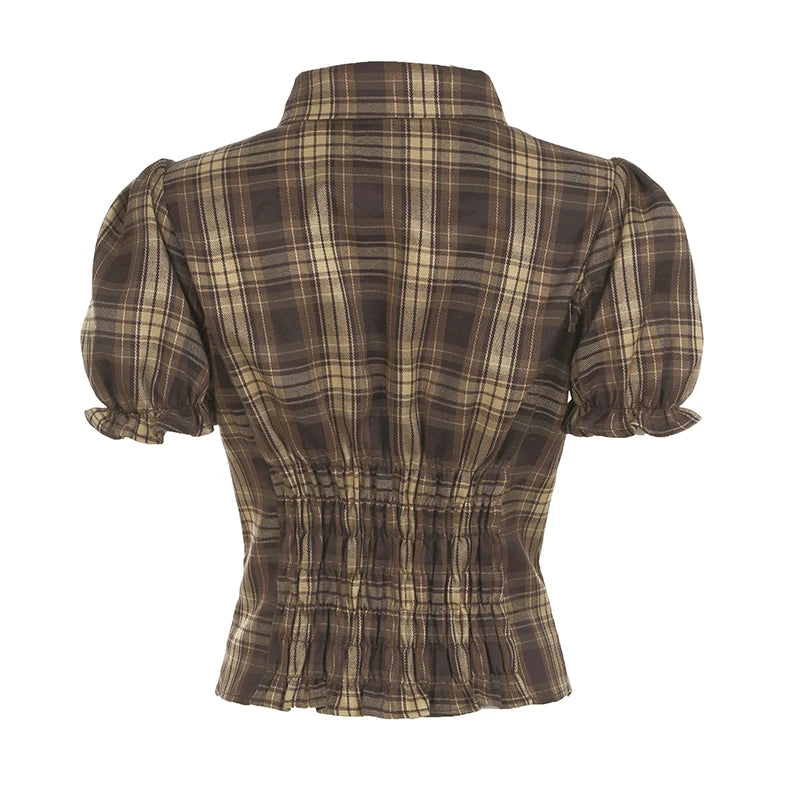 LIZAKOSHT  -  Back Shirred Plaid Blouse Brown French Style Turn-down Collar Single-breasted Shirts Vintage Puff Short Sleeve Tops