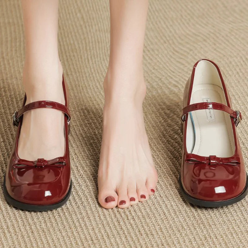 LIZAKOSHT  -  Women 5cm High Heels Cute Valentine Pumps Female Patent Leather Bow Square Heels Lady Elegant Metal Buckle Strap Mary Jane Shoes