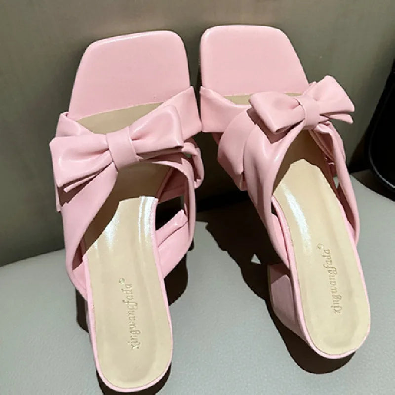 LIZAKOSHT  -  Bow Design Thick Heel Slippers Women Summer Square Head Soft Bottom Brand Sandals Comfortable Beach Casual Flats Zapatos Mujer