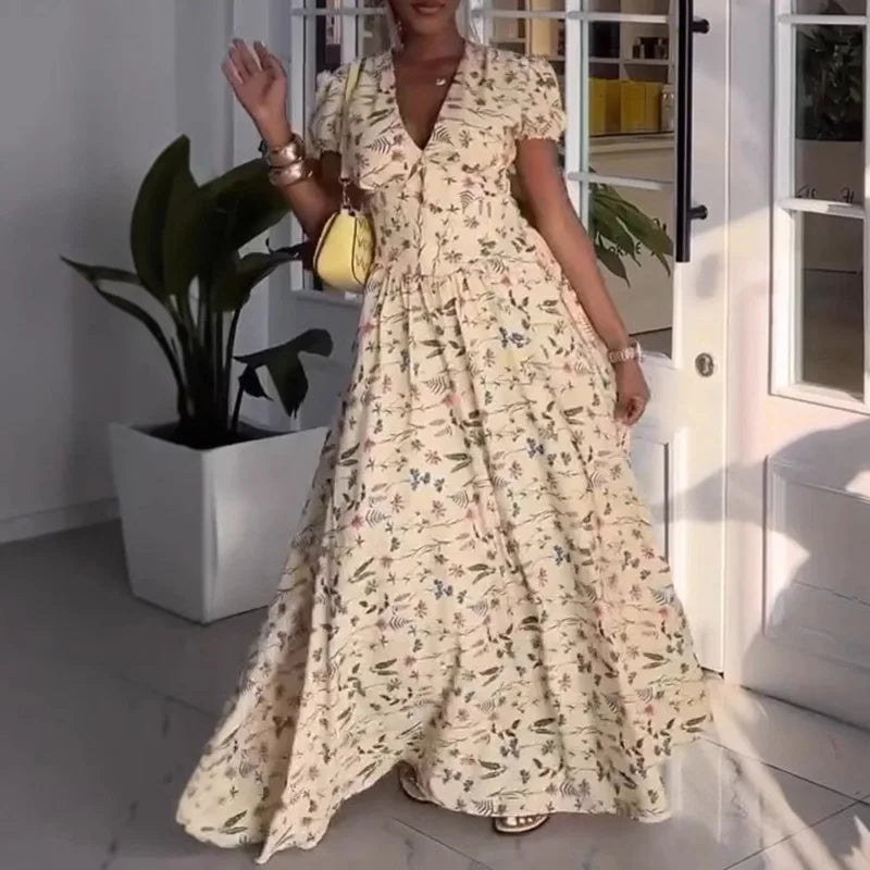LIZAKOSHT  -  Casual High Waist Puff Short Sleeve Party Dress Chic V Neck Lace Up Swing Dress Elegant Plant Floral Print Pleated Evening Dress